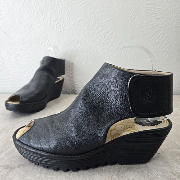 Fly London Yone Wedge Sandal 8-8.5 Black Leather Peep Toe Casyak Platform Wedges - Picture 1 of 14
